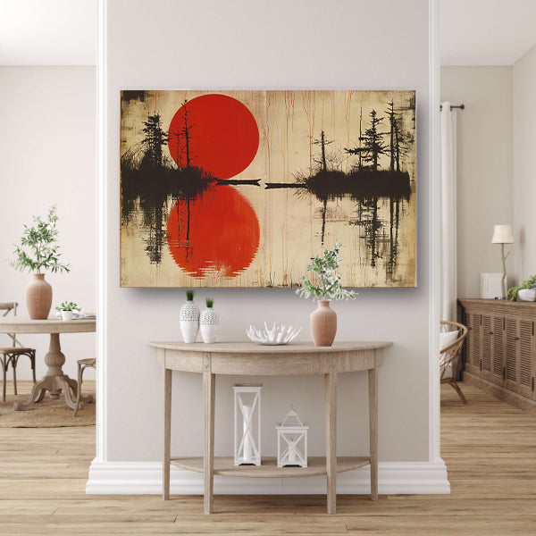 Abstracte rode zon boven water met bomen canvas