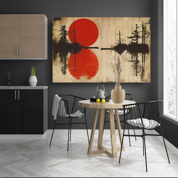 Abstracte rode zon boven water met bomen canvas