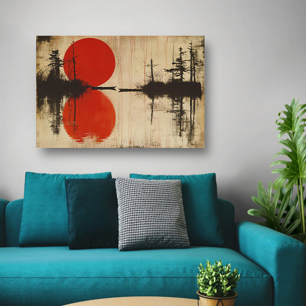 Abstracte rode zon boven water met bomen canvas
