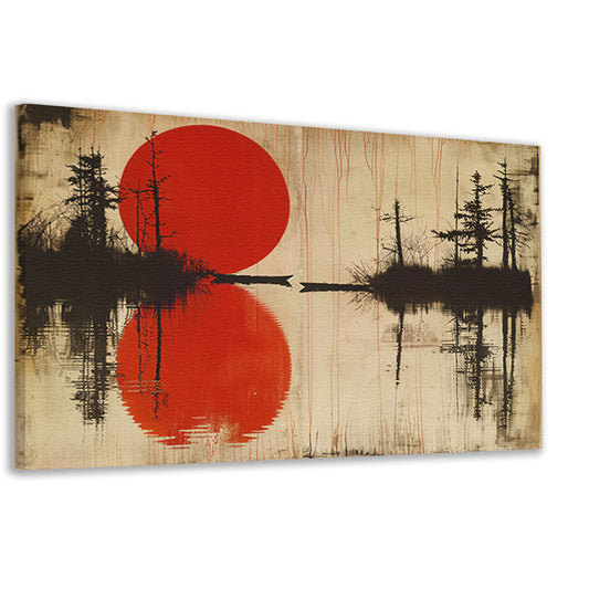 Abstracte rode zon boven water met bomen canvas