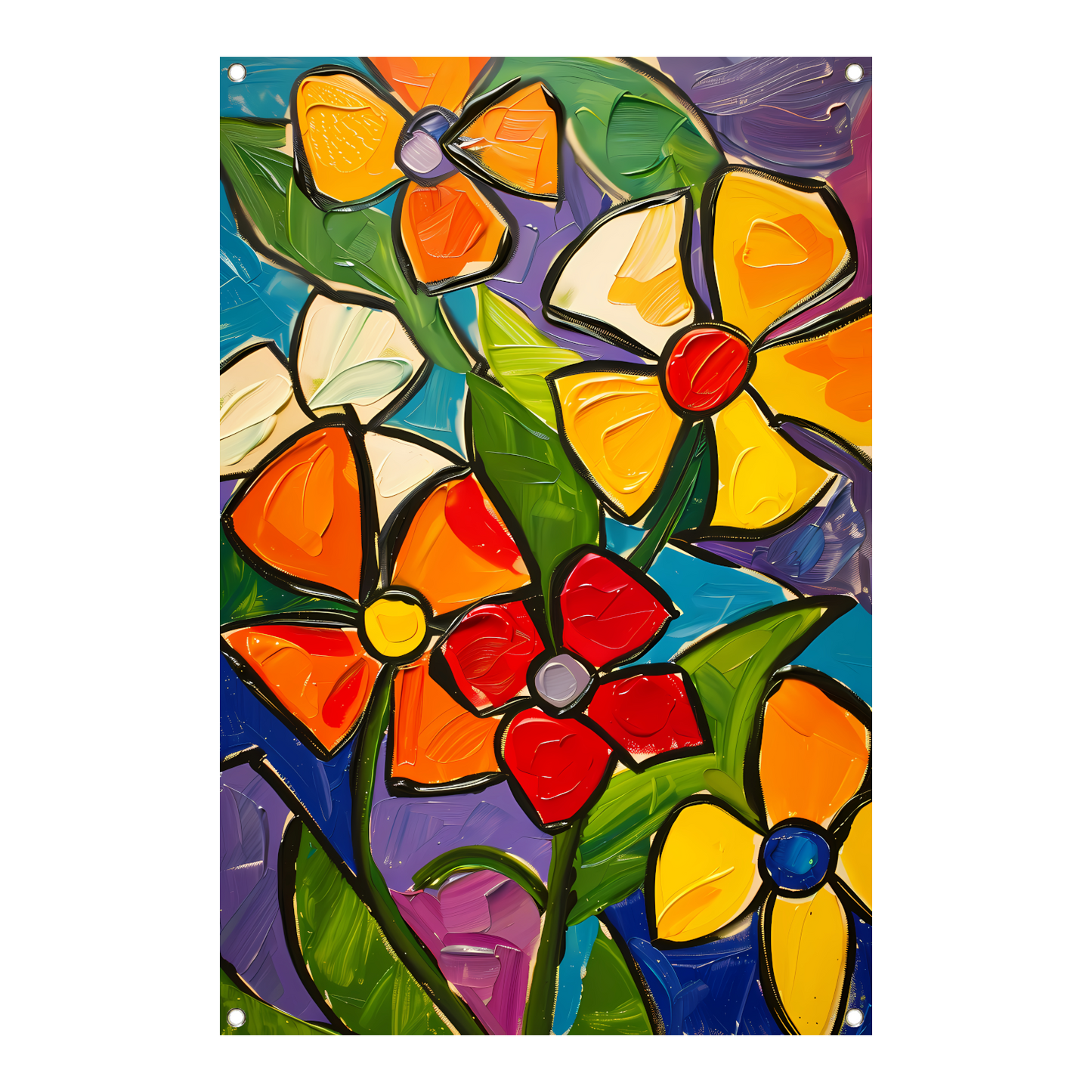 Kleurrijke en abstracte bloemenschilderij met dynamische uitstraling tuinposter