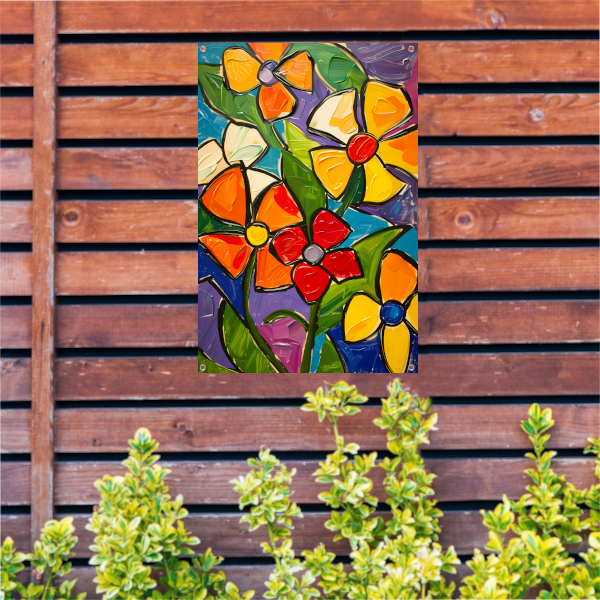 Kleurrijke en abstracte bloemenschilderij met dynamische uitstraling tuinposter