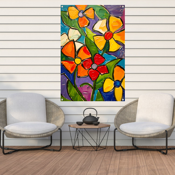 Kleurrijke en abstracte bloemenschilderij met dynamische uitstraling tuinposter