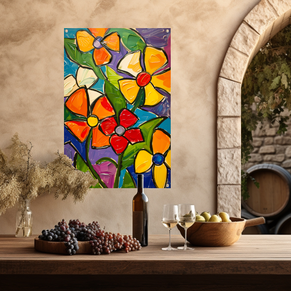 Kleurrijke en abstracte bloemenschilderij met dynamische uitstraling tuinposter