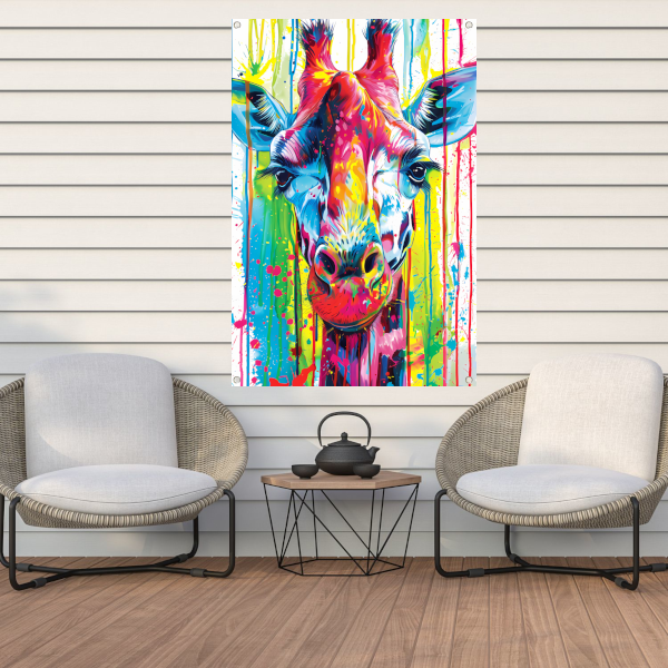 Kleurrijke giraffe met abstracte verfspetters tuinposter