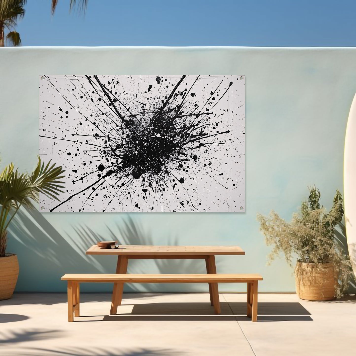 Abstracte kunst met zwarte en witte verfspatten tuinposter