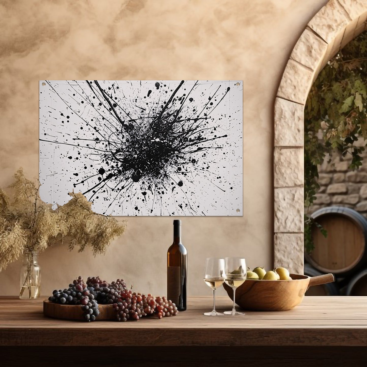 Abstracte kunst met zwarte en witte verfspatten tuinposter