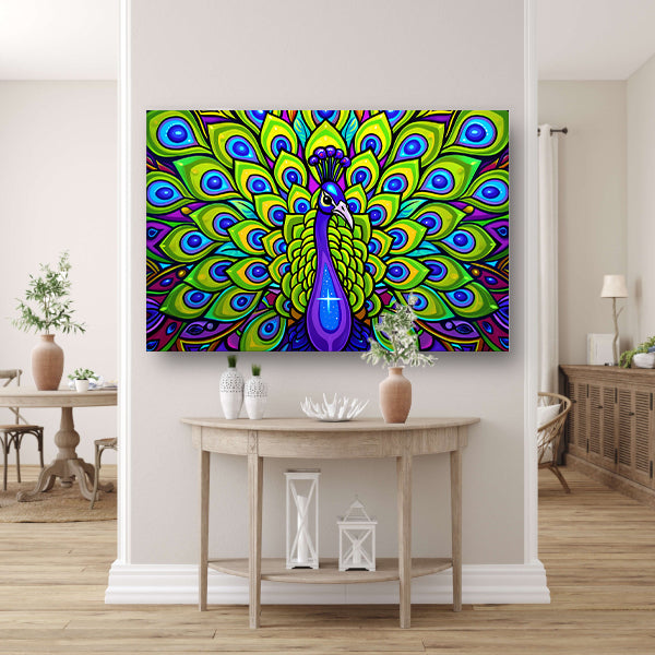 Kleurrijke pop art pauw schilderij acrylglas