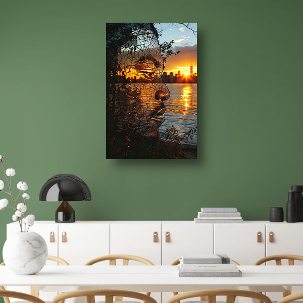 Silhouet tegen zonsondergang in gebroken glas canvas