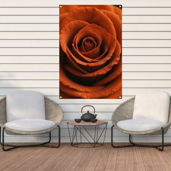 Oranje roos met dauwdruppels close-up tuinposter