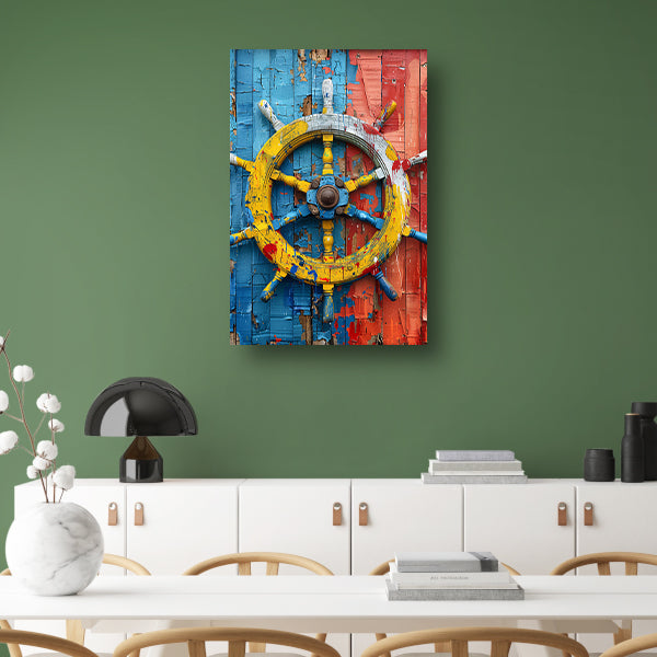 Kleurrijk Stuurwiel op Verweerde Houten Muur canvas met baklijst
