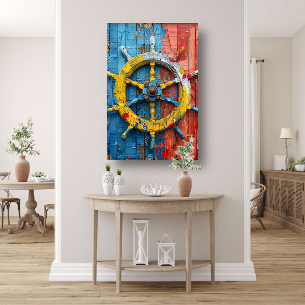 Kleurrijk Stuurwiel op Verweerde Houten Muur canvas met baklijst