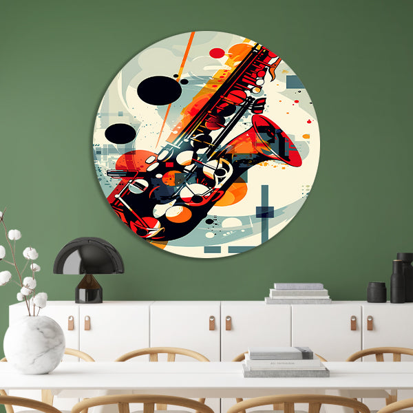 Abstract Jazz Saxofoon in Kleur aluminium muurcirkel