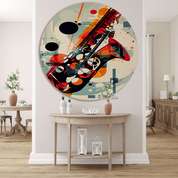 Abstract Jazz Saxofoon in Kleur aluminium muurcirkel