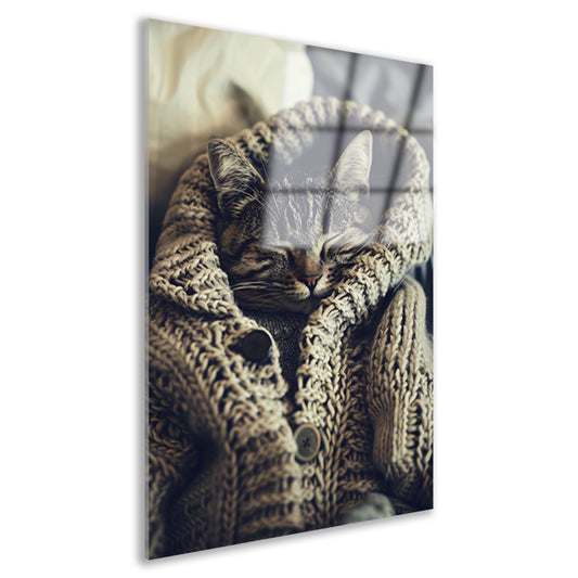 Slapende Kat in Gebreide Trui acrylglas