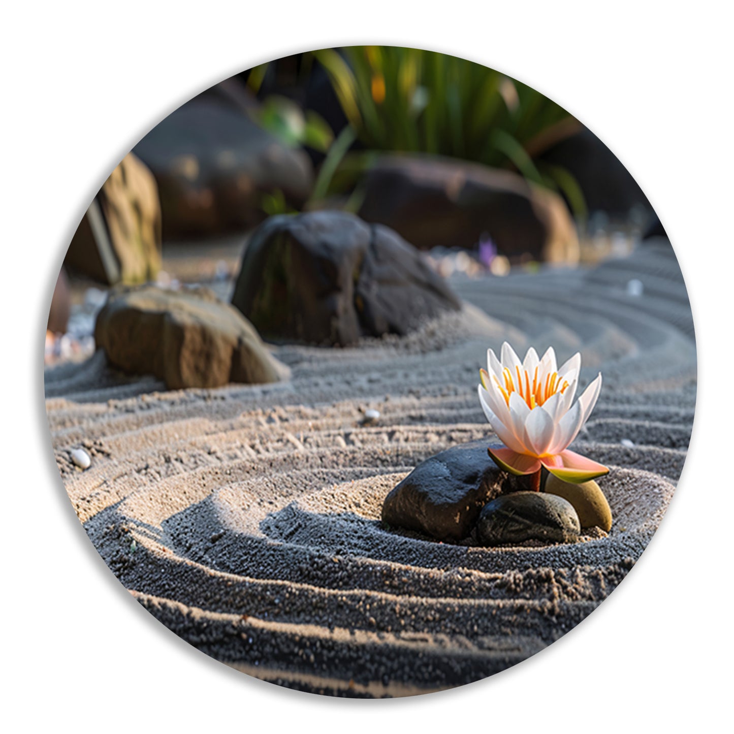 Serene waterlelie in zen-tuin met zand aluminium muurcirkel
