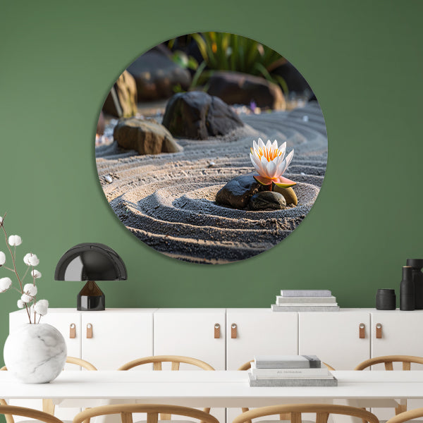 Serene waterlelie in zen-tuin met zand aluminium muurcirkel