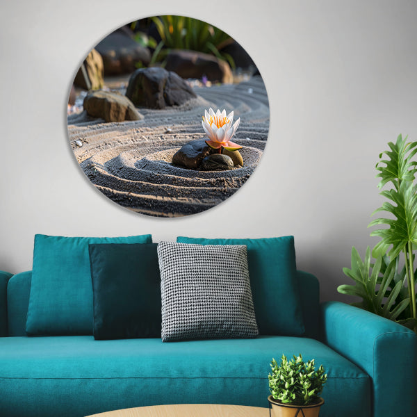 Serene waterlelie in zen-tuin met zand aluminium muurcirkel