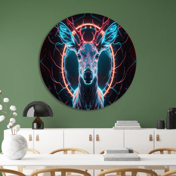 Futuristisch hert in levendige neonkleuren aluminium muurcirkel