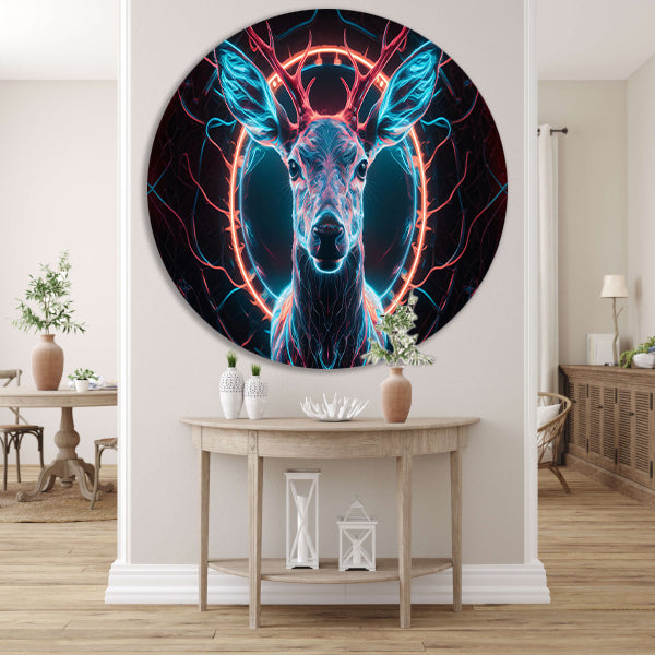 Futuristisch hert in levendige neonkleuren aluminium muurcirkel