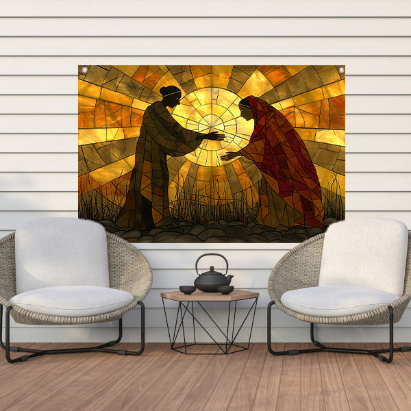 Silhouetten voor een stralende zon tuinposter