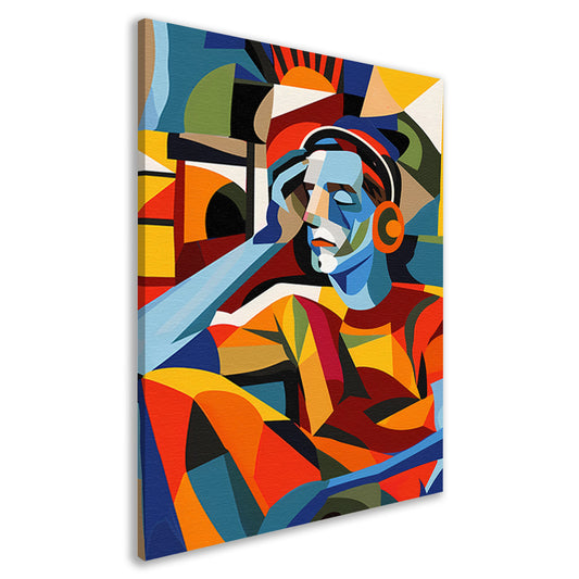 Kubistische man met koptelefoon in abstracte wereld canvas