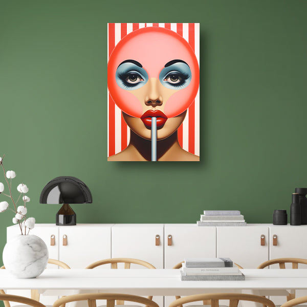Gezicht met gestreepte lolly in popart canvas met baklijst