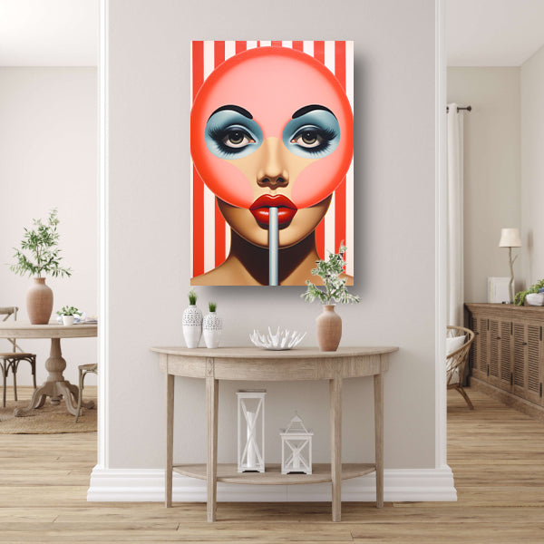 Gezicht met gestreepte lolly in popart canvas met baklijst