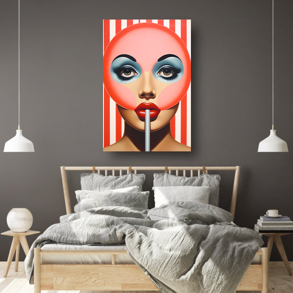 Gezicht met gestreepte lolly in popart canvas met baklijst