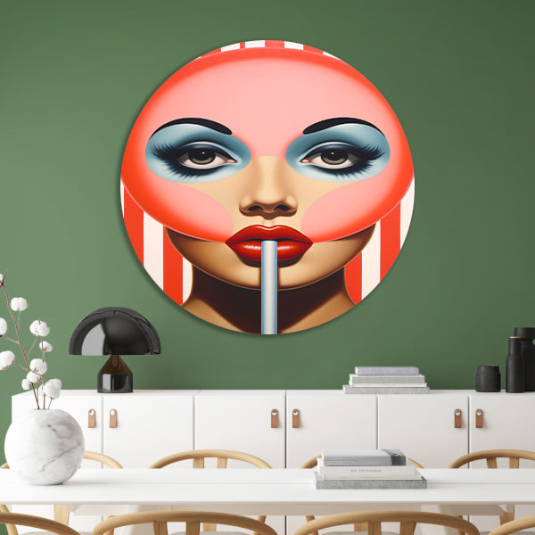 Gezicht met gestreepte lolly in popart forex muurcirkel