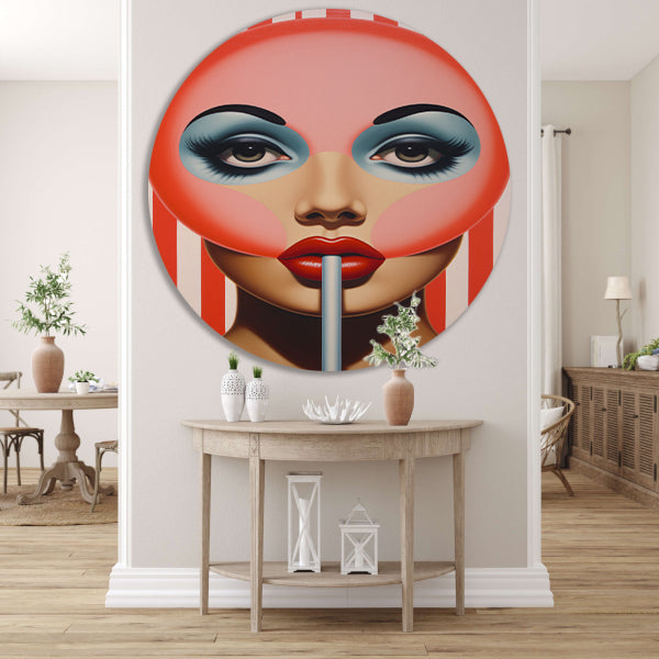 Gezicht met gestreepte lolly in popart forex muurcirkel