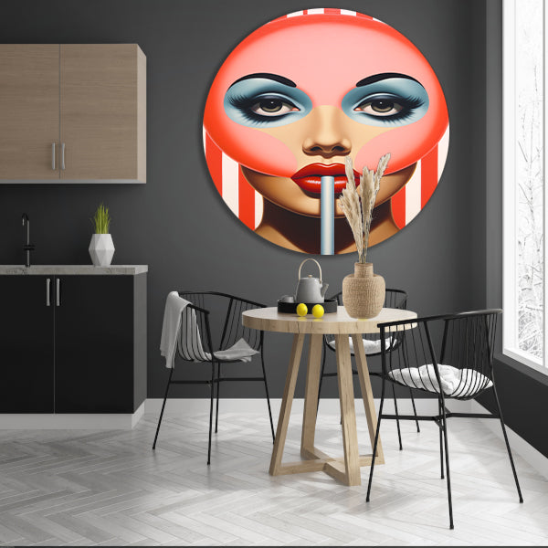 Gezicht met gestreepte lolly in popart forex muurcirkel