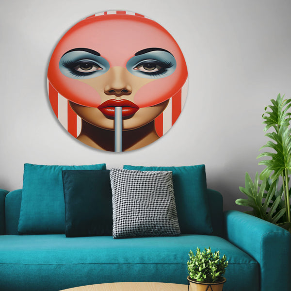 Gezicht met gestreepte lolly in popart forex muurcirkel