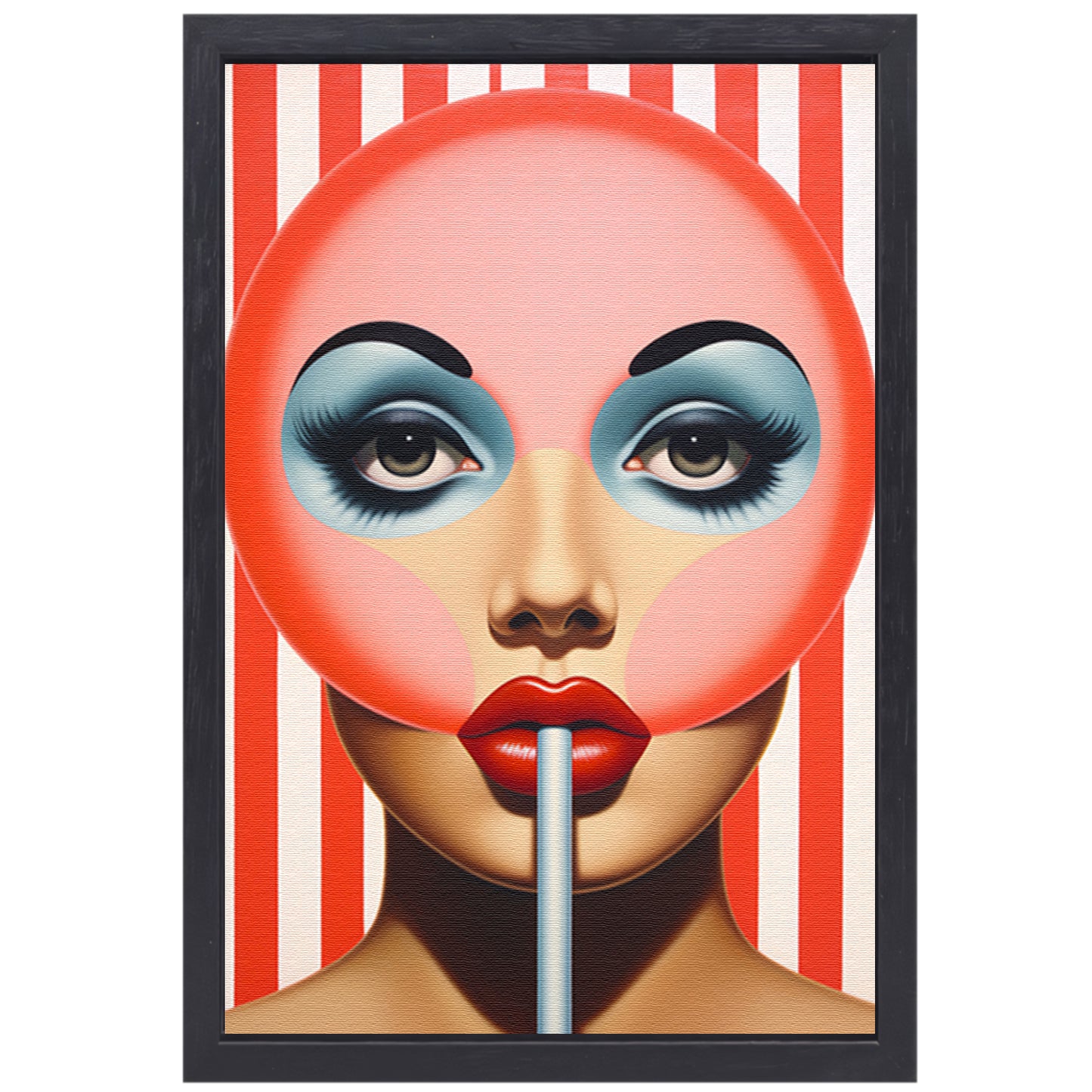 Gezicht met gestreepte lolly in popart canvas met baklijst