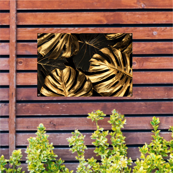 Luxe Gouden Monstera Bladeren op Zwart tuinposter