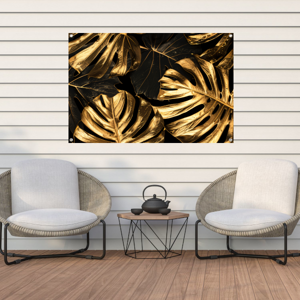 Luxe Gouden Monstera Bladeren op Zwart tuinposter