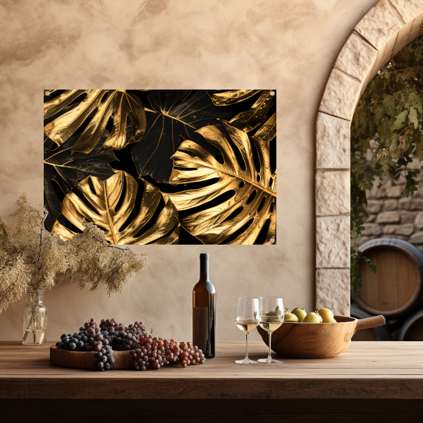 Luxe Gouden Monstera Bladeren op Zwart tuinposter