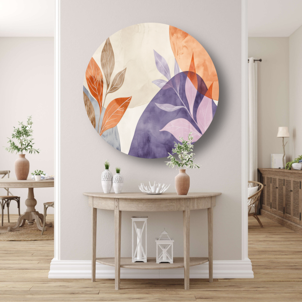 Abstracte Waterverf Bladeren in Warme Tinten aluminium muurcirkel