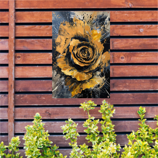 Dynamische abstracte roos in goud en zwart tuinposter