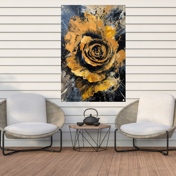 Dynamische abstracte roos in goud en zwart tuinposter