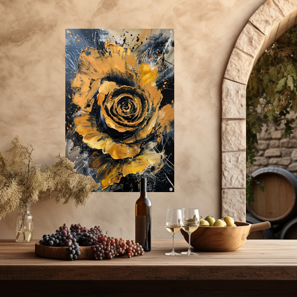 Dynamische abstracte roos in goud en zwart tuinposter
