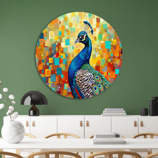 Kleurrijke pauw in abstracte popart stijl aluminium muurcirkel