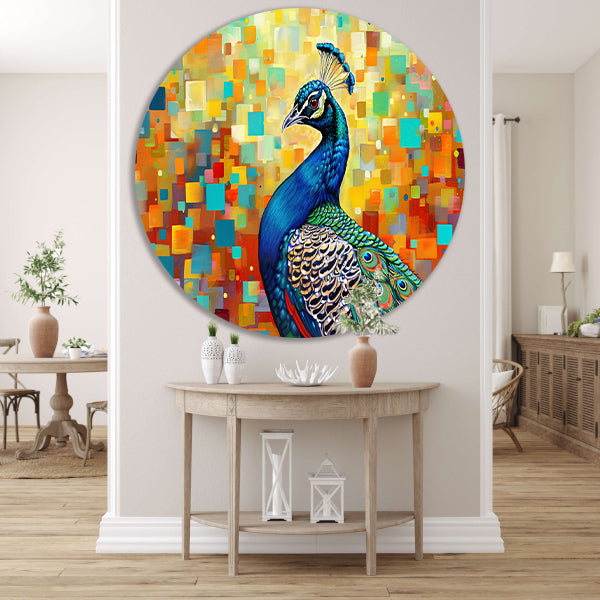 Kleurrijke pauw in abstracte popart stijl aluminium muurcirkel