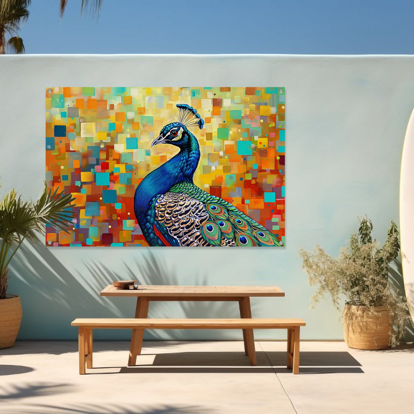 Kleurrijke pauw in abstracte popart stijl tuinposter