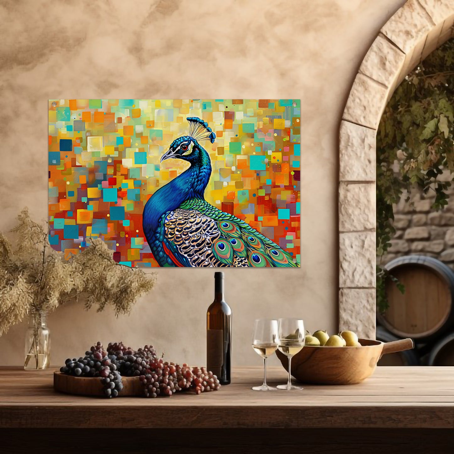 Kleurrijke pauw in abstracte popart stijl tuinposter