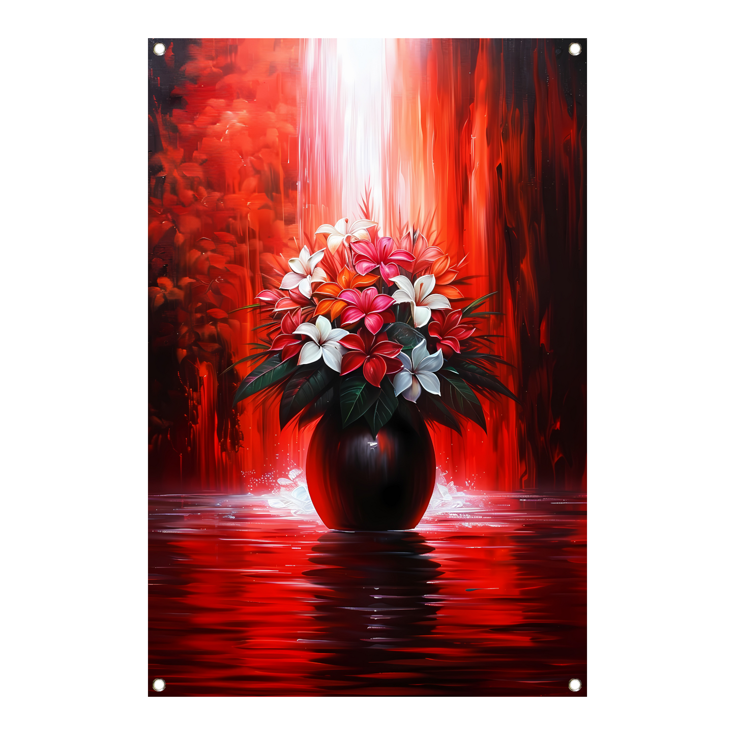 Levendige Bloemen in Elegante Zwarte Vaas op Rode Achtergrond tuinposter