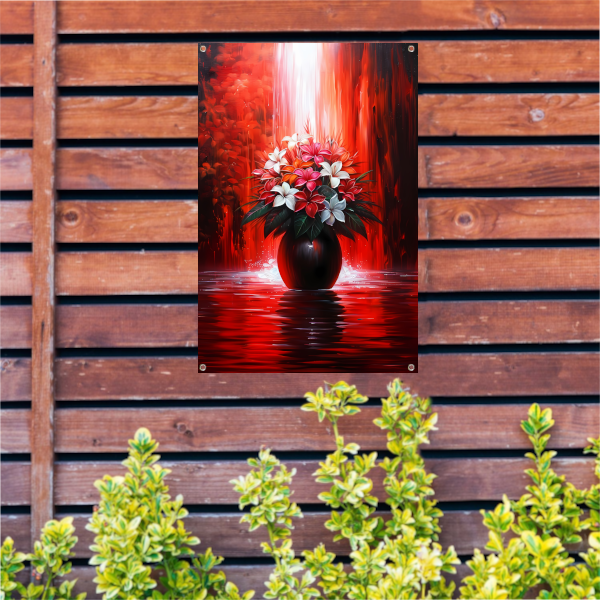 Levendige Bloemen in Elegante Zwarte Vaas op Rode Achtergrond tuinposter