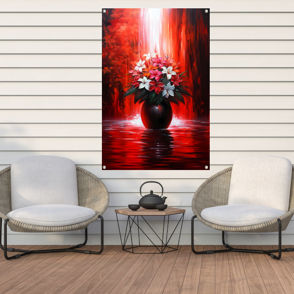 Levendige Bloemen in Elegante Zwarte Vaas op Rode Achtergrond tuinposter