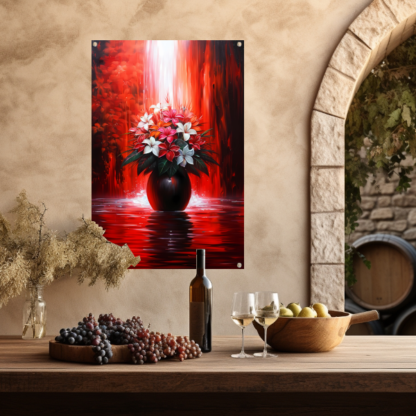 Levendige Bloemen in Elegante Zwarte Vaas op Rode Achtergrond tuinposter