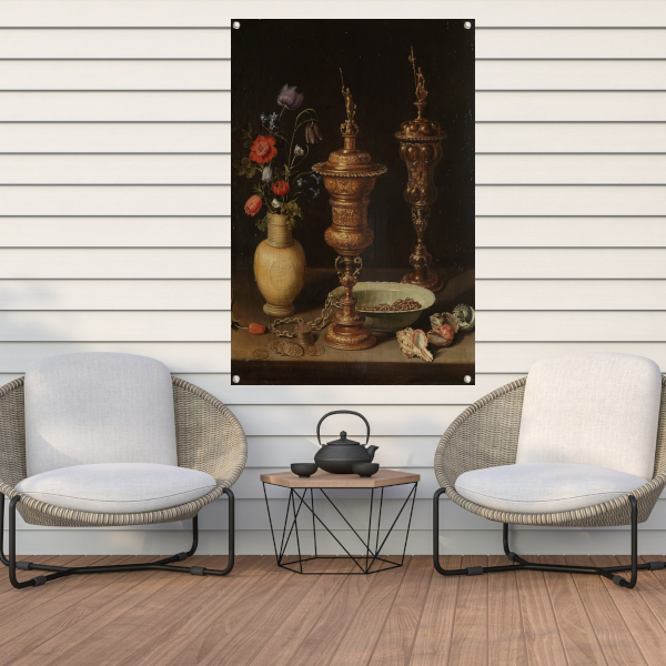 Stilleven met bloemen en vergulde bekers - Clara Peeters tuinposter